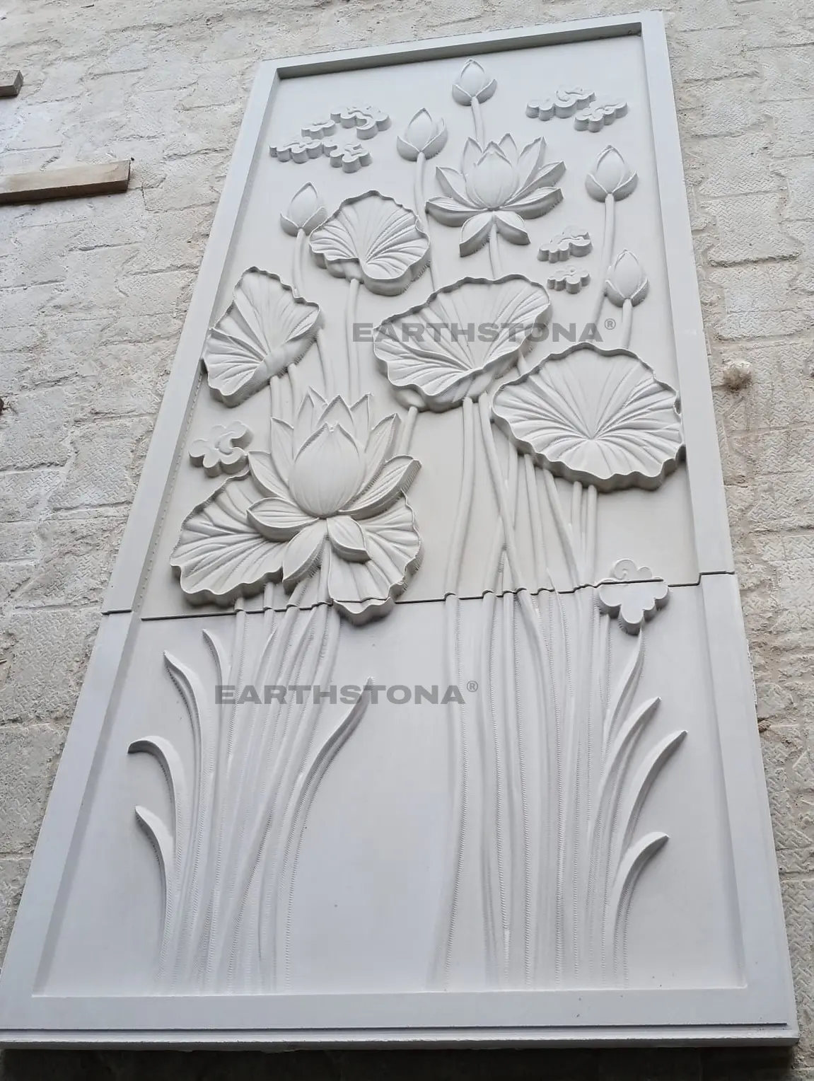 Classic Blooming Lotus High Relief Natural Stone Wall Carving 50mm Panel by EarthStona
